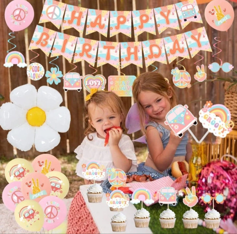 Groovy Birthday Party Decorations for Girls Boho Rainbow Banner Daisy Balloon Cake Topper Kit Retro Hippie Party Decor