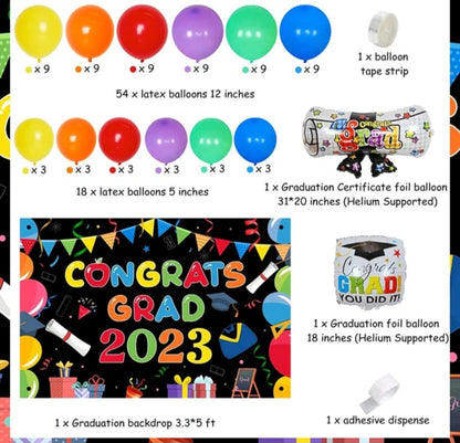 Graduation Decorations Congrats Grad 2023 Backdrop Colorful Balloon Garland Kit for Preschool Graduation Party