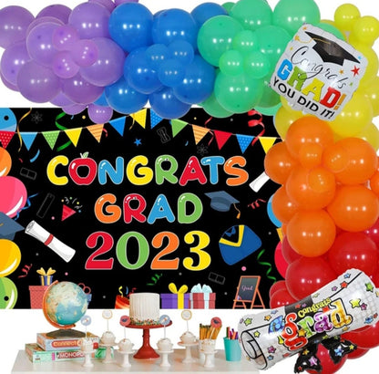 Graduation Decorations Congrats Grad 2023 Backdrop Colorful Balloon Garland Kit for Preschool Graduation Party