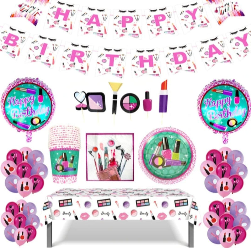 93pcs/lot Make Up Theme Bunting Cake Topper Foil Balloons Birthday Party Napkins Plates Cups Decorations Girls Favors Tablecloth