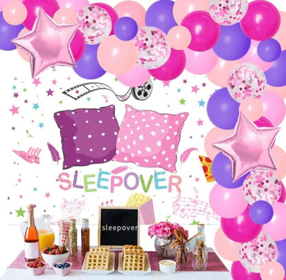 Sleepover Pajama Party Decorations for Girls Women Sleepover Backdrop Hot Pink Balloon Garland Kit Ladies Night Party Supplies