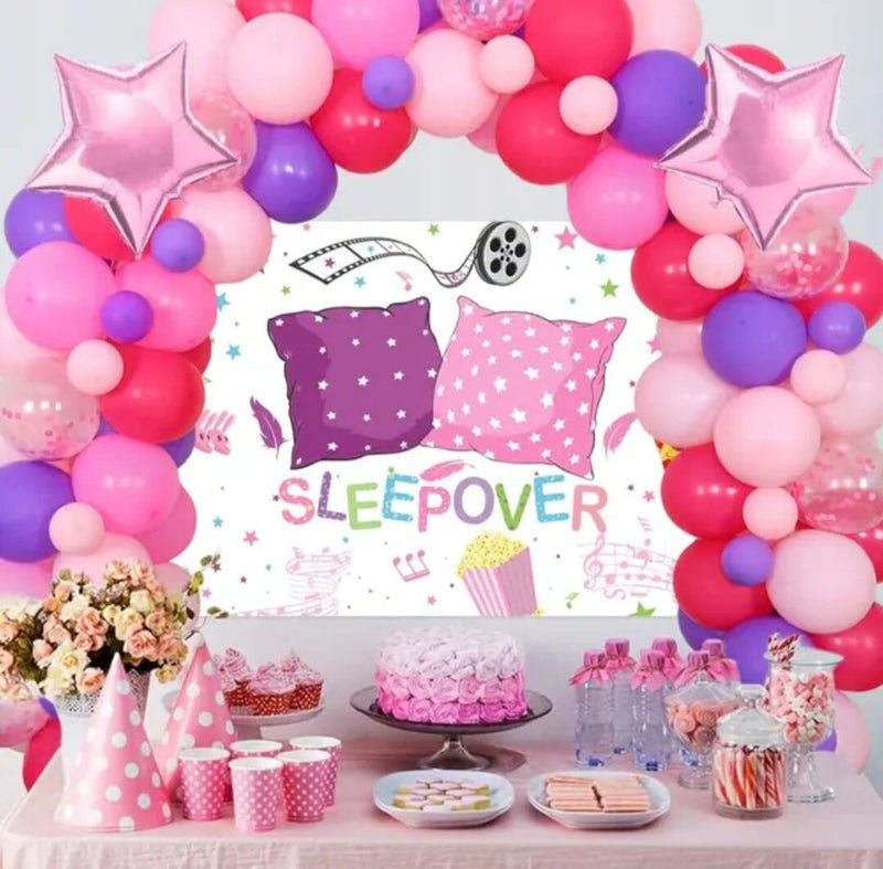 Sleepover Pajama Party Decorations for Girls Women Sleepover Backdrop Hot Pink Balloon Garland Kit Ladies Night Party Supplies