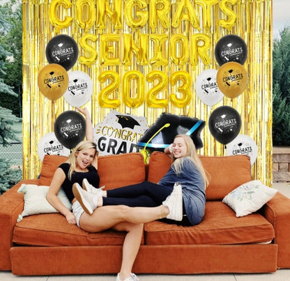2023 Senior Graduation Decorations Congrats Senior 2023 Gold Foil Balloons Curtain Backdrop Class of 2023 Graduation Party Decor