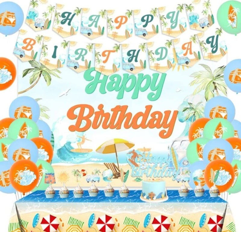 Summer Surfing Birthday Party Decorations Vintage Surfing Happy Birthday Banner Cake Toppers Backdrop Beach Theme Party Supplies