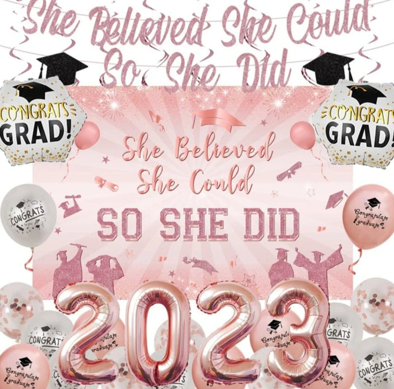 2023 Graduation Party Decorations for Girls Rose Gold So She Did Backdrop Glitter Banner Number 2023 Balloons Supplies