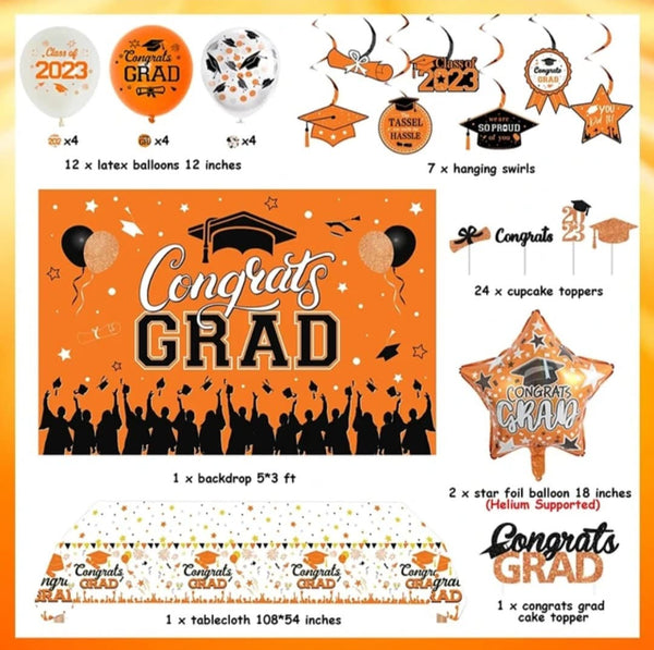 Orange Black 2023 Graduation Party Decoration Congrats Grad Backdrop & Tablecloth Balloons Class of 2023 Party Supplies