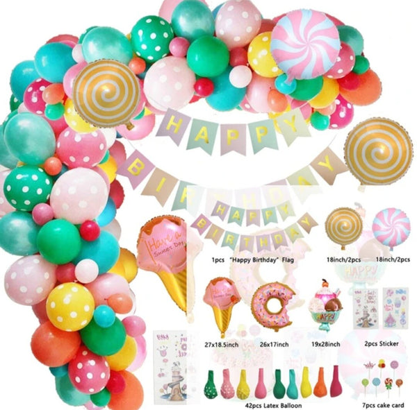 Candy Land Theme Balloon Garland Ice Cream Donuts Foil Balloons Girl Birthday Party Set With Birthday Banner Sticker Cake Topper