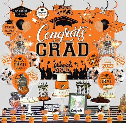 Orange Black 2023 Graduation Party Decoration Congrats Grad Backdrop & Tablecloth Balloons Class of 2023 Party Supplies