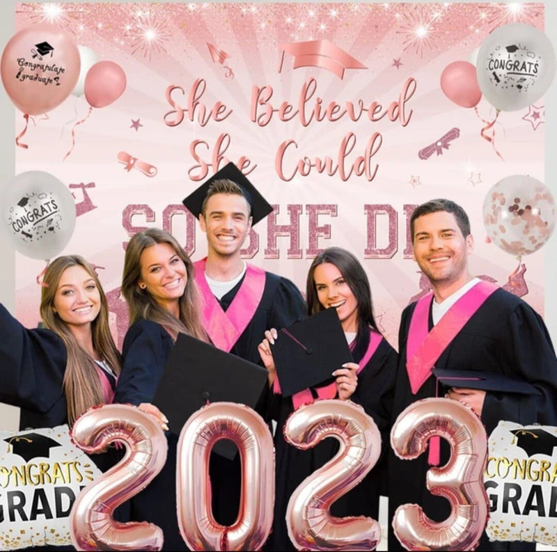 2023 Graduation Party Decorations for Girls Rose Gold So She Did Backdrop Glitter Banner Number 2023 Balloons Supplies