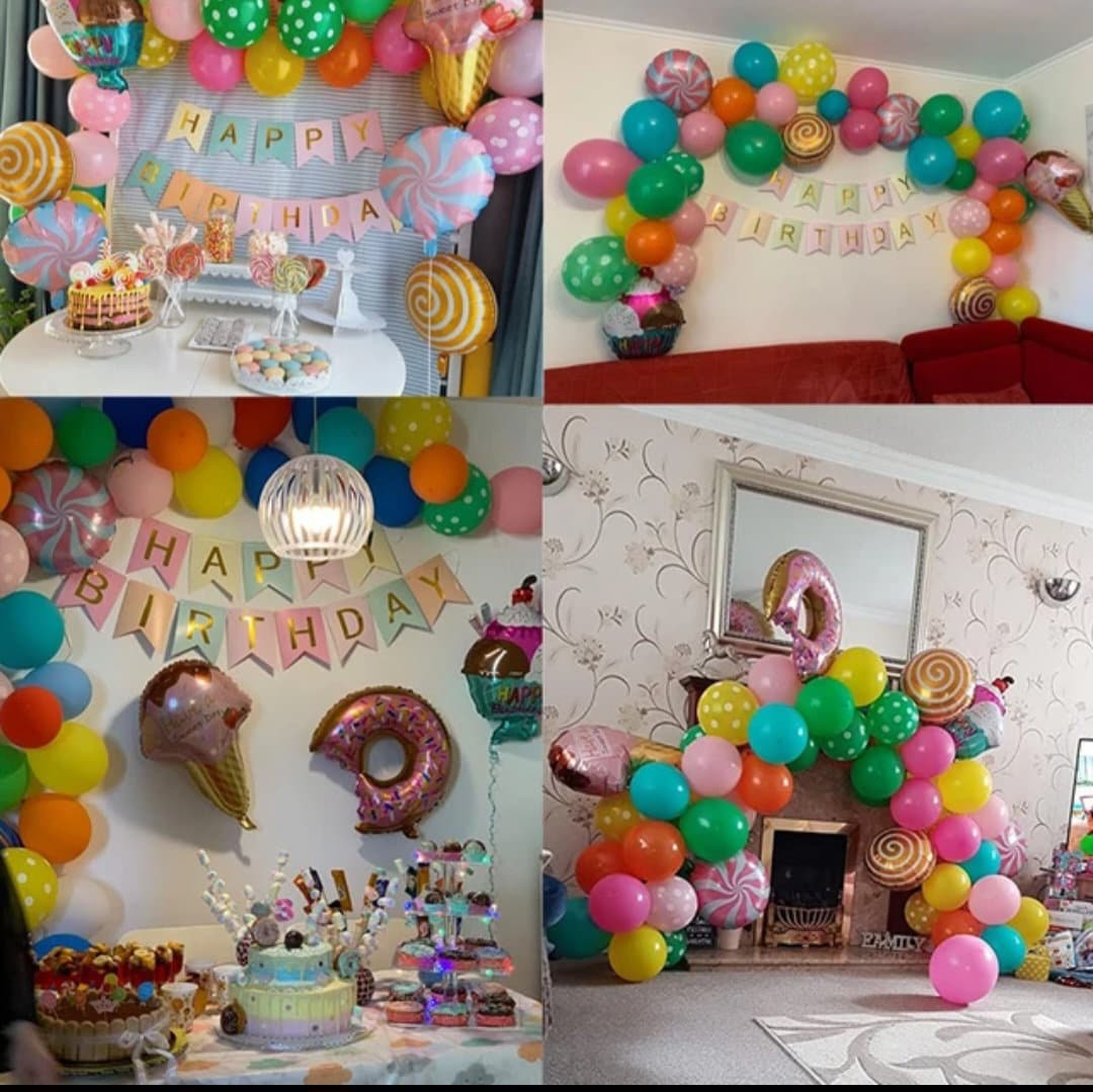 Candy Land Theme Balloon Garland Ice Cream Donuts Foil Balloons Girl Birthday Party Set With Birthday Banner Sticker Cake Topper