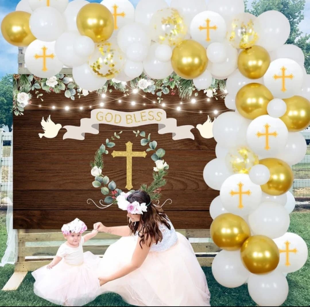 Christening & Baptism Party Decorations for Boys Girls God Bless Christening Balloon Garland Kit Rustic Wood Backdrop