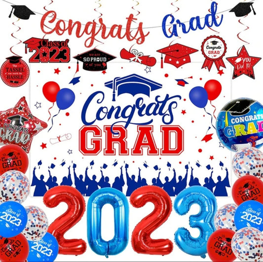 Graduation Decorations Red and Blue 2023, Class of 2023 Backdrop, Congrats Grad Banner Hanging Swirls, Number 2023 Foil Balloons