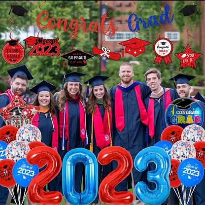 Graduation Decorations Red and Blue 2023, Class of 2023 Backdrop, Congrats Grad Banner Hanging Swirls, Number 2023 Foil Balloons