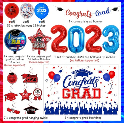 Graduation Decorations Red and Blue 2023, Class of 2023 Backdrop, Congrats Grad Banner Hanging Swirls, Number 2023 Foil Balloons