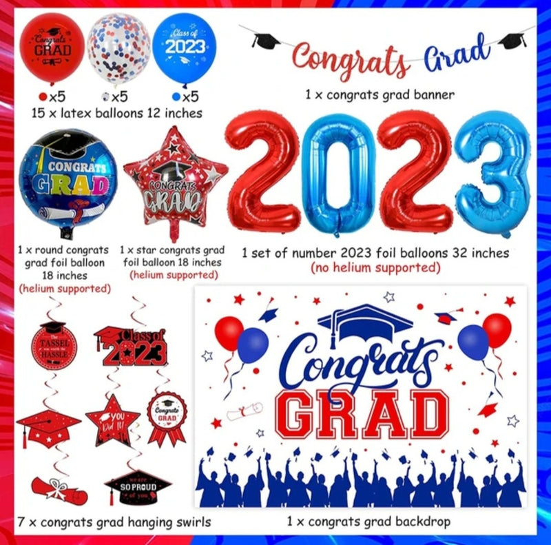 Graduation Decorations Red and Blue 2023, Class of 2023 Backdrop, Congrats Grad Banner Hanging Swirls, Number 2023 Foil Balloons