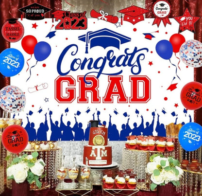 Graduation Decorations Red and Blue 2023, Class of 2023 Backdrop, Congrats Grad Banner Hanging Swirls, Number 2023 Foil Balloons