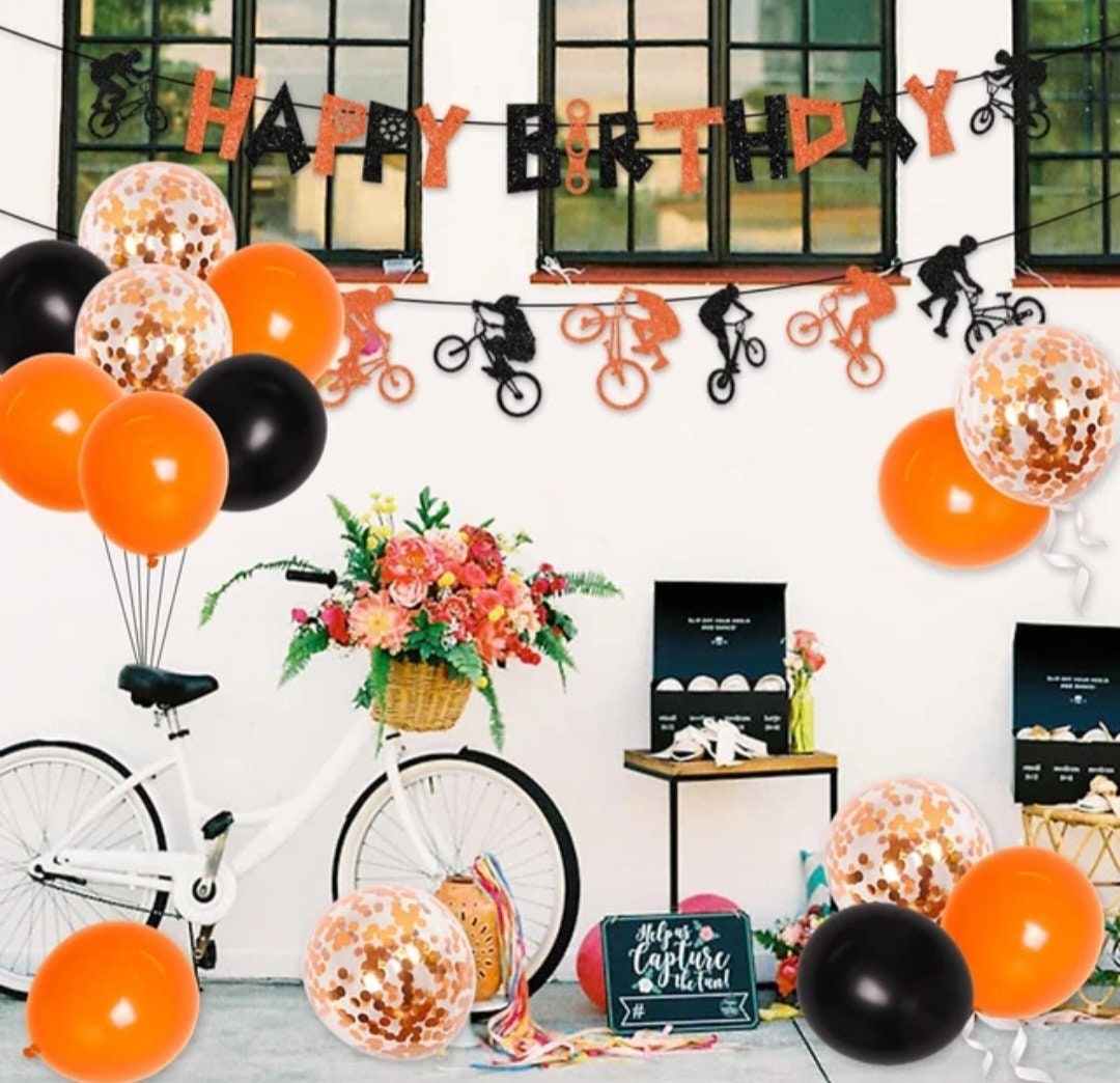 Bike Birthday Party Decorations Orange Black Balloons BMX Happy Birthday Banner Bicycle Cake Topper for Boys Birthday Supplies