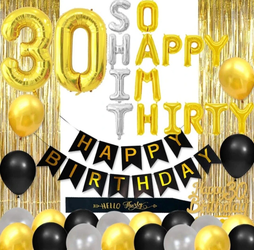 30th Birthday Decorations Black Sliver Gold So Happy I’m Thirty Balloons Happy 30 Birthday Cake Topper Banner for 30 Years Old