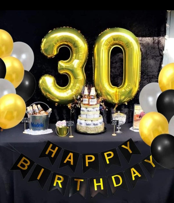 30th Birthday Decorations Black Sliver Gold So Happy I’m Thirty Balloons Happy 30 Birthday Cake Topper Banner for 30 Years Old