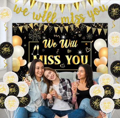 Farewell Party Decorations Black and Gold We Will Miss You Backdrop Banner Good Luck Balloons for Going Away Retirement Party