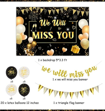Farewell Party Decorations Black and Gold We Will Miss You Backdrop Banner Good Luck Balloons for Going Away Retirement Party