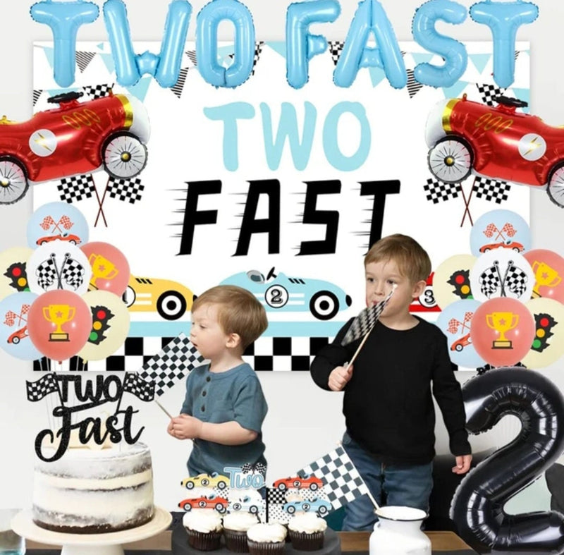 Vintage Two Fast Birthday Decorations for Boy Retro Race Car 2nd Birthday Party Supplies Two Fast Backdrop Cake Toppers Balloons
