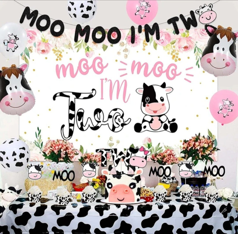 Cow 2nd Birthday Decorations for Girl Moo Moo I’m Two Backdrop Banner Cow Balloon Pink Farm Animal Second Birthday Party Decor