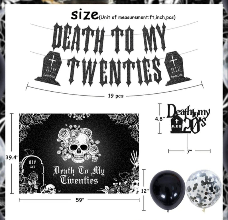 Death To My Twenties Black 30th Birthday Decorations for Men Women Death To My 20s Party Supplies Rip Twenties Banner Backdrop