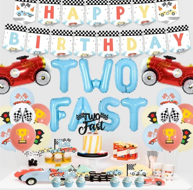 Vintage Two Fast Birthday Decorations for Boy Retro Race Car 2nd Birthday Party Supplies Two Fast Backdrop Cake Toppers Balloons