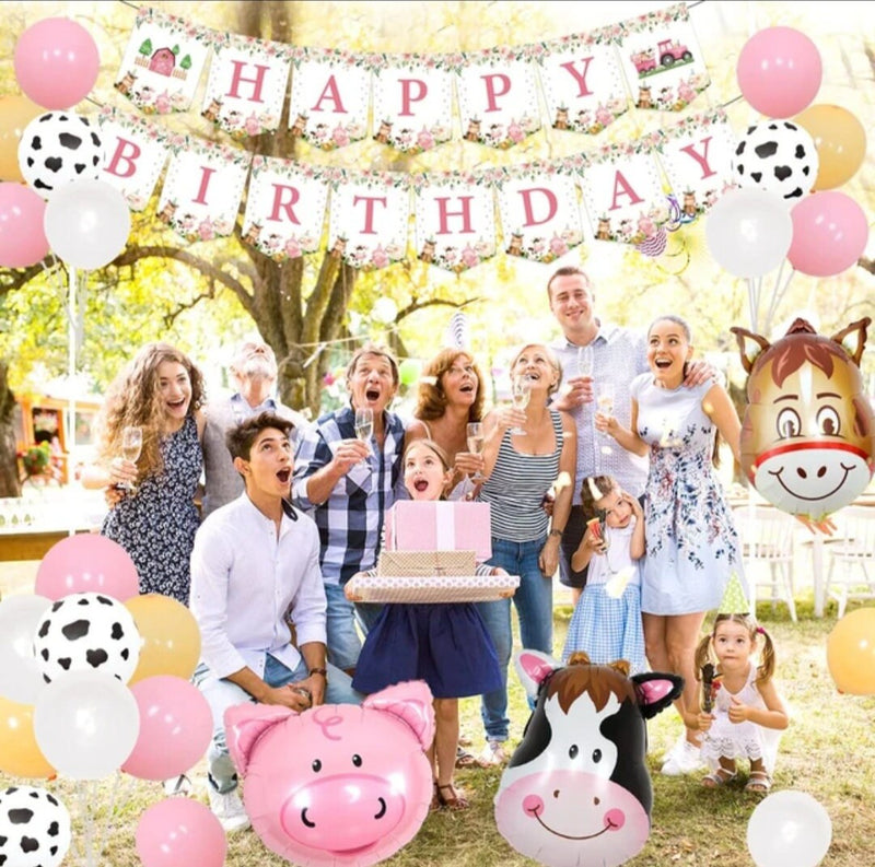 Pink Farm Animals Birthday Decor for Girls Farmhouse Floral Theme Pink Happy Birthday Banner Cake Toppers Bday Party Supplies