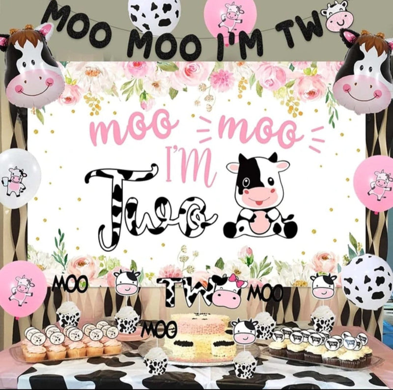 Cow 2nd Birthday Decorations for Girl Moo Moo I’m Two Backdrop Banner Cow Balloon Pink Farm Animal Second Birthday Party Decor