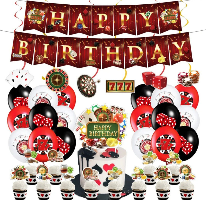 Casino Party Playing Cards Dice Birthday Balloon Banner Decorations Topper Cake Supplies Surprise Gift