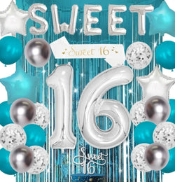 Sweet 16 Birthday Decorations Teal and Silver 16th Birthday Decorations for Girl Sweet Sixteen Party Supplies Cake Topper Sash
