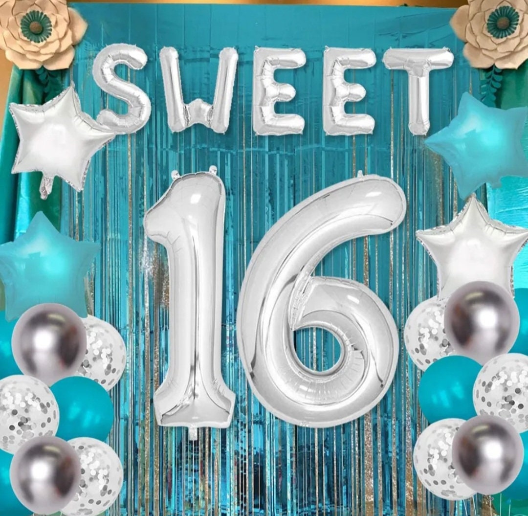 Sweet 16 Birthday Decorations Teal and Silver 16th Birthday Decorations for Girl Sweet Sixteen Party Supplies Cake Topper Sash