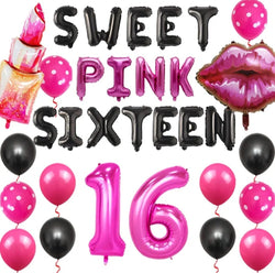 16th Birthday Decorations Hot Pink Sweet Sixteen Birthday Decorations for Girls Number 16 Foil Balloon Lip Lipstick Balloon