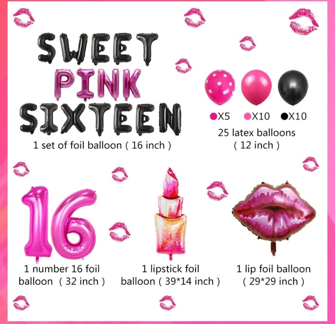 16th Birthday Decorations Hot Pink Sweet Sixteen Birthday Decorations for Girls Number 16 Foil Balloon Lip Lipstick Balloon