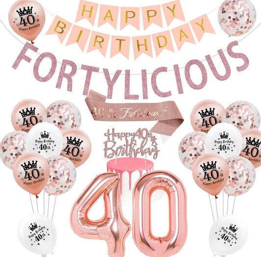 40th Birthday Decoration for Women Rose Gold Fortylicious Banner Sash Number 40 Balloon Forty Birthday Party Supplies