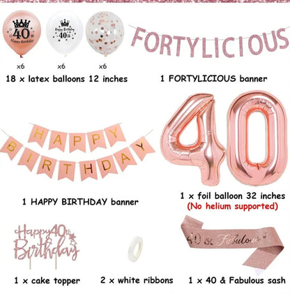 40th Birthday Decoration for Women Rose Gold Fortylicious Banner Sash Number 40 Balloon Forty Birthday Party Supplies