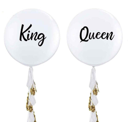 King and Queen Balloons Jumbo Size 36 inch with Gold and White Paper Tassels