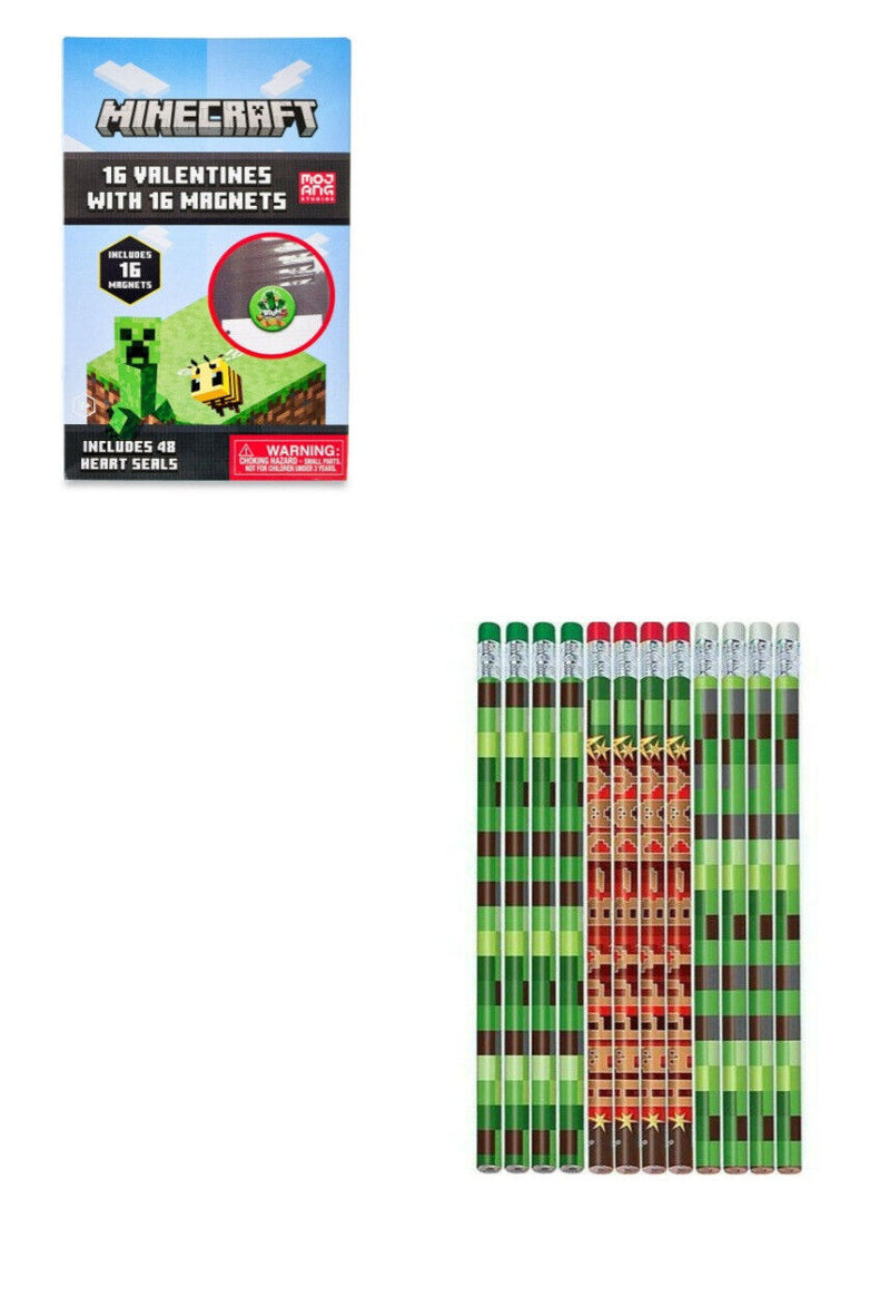 Minecraft Valentine's Day Cards (16), Magnet 16 Count,Pixelated Pencils 16 Count