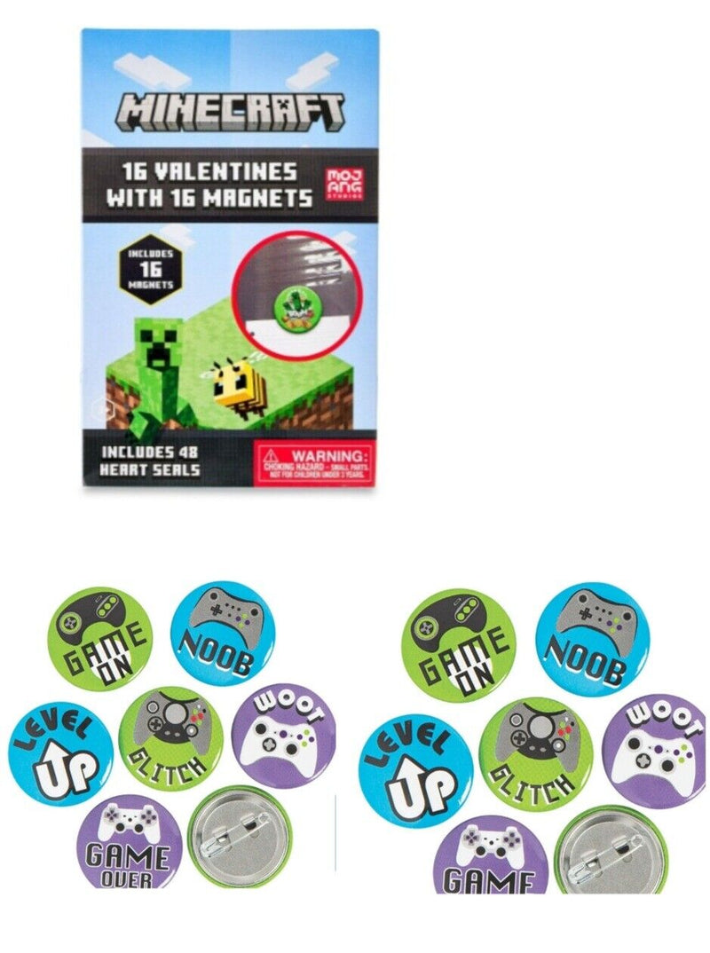 Minecraft Valentine's Day Cards (16), Magnet 16 Count,Pixelated Pencils 16 Count
