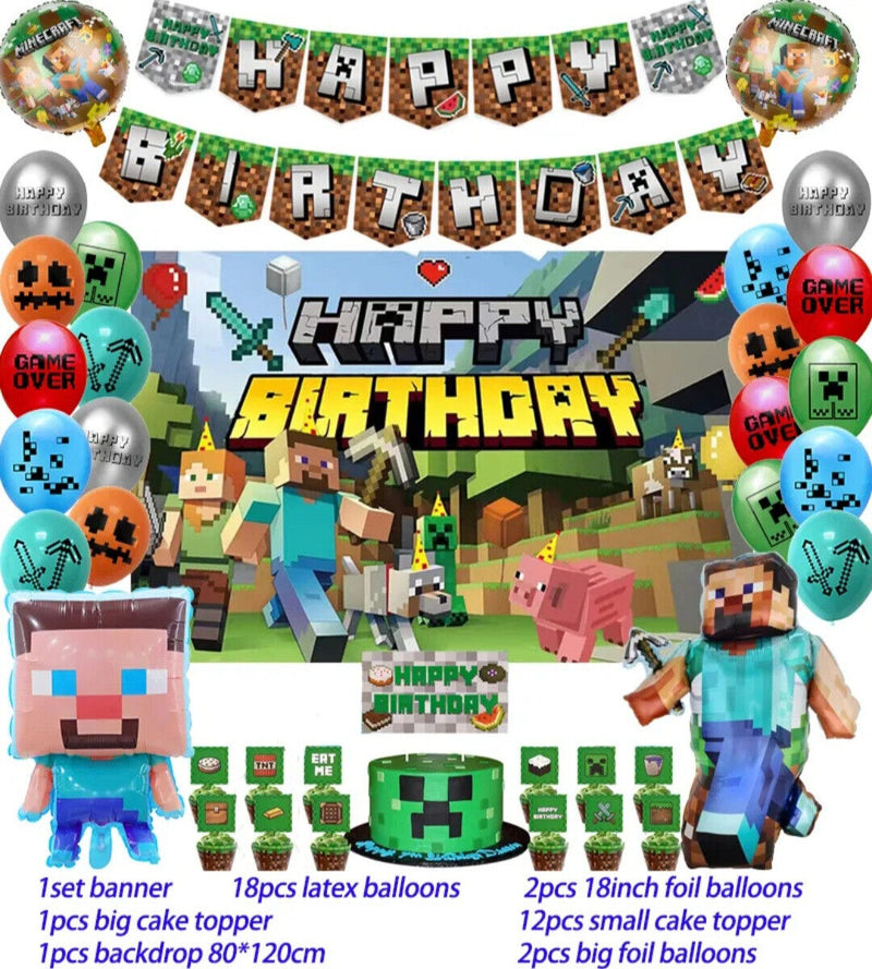 Minecraft Pixel Style Gamer Birthday Party Supplies for Game Fans With Backdrop
