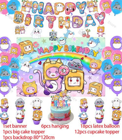 Lankybox Foxy Birthday Backdrop Banner Photo Background Party Decor Balloons