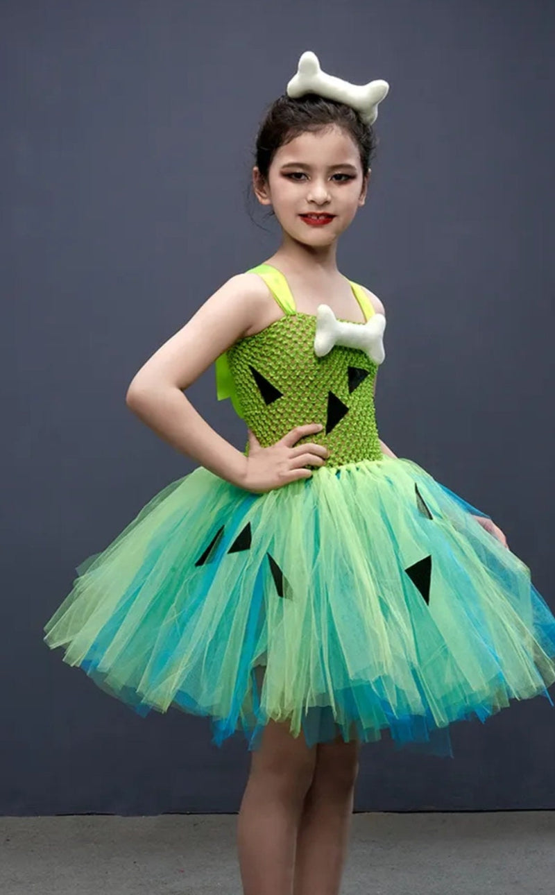 Pebbles Flintstone Tutu Girls Dress Birthday Party Outfit Baby Girls Cake Smash Dress Up Halloween Cavegirl Outfit with Bone