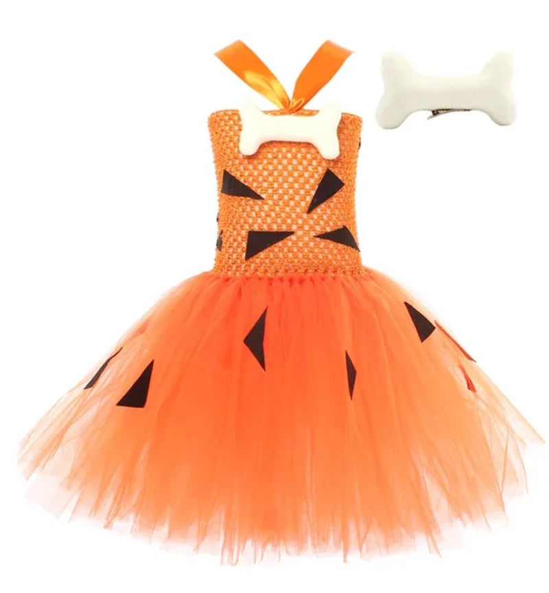 Pebbles Flintstone Tutu Girls Dress Birthday Party Outfit Baby Girls Cake Smash Dress Up Halloween Cavegirl Outfit with Bone