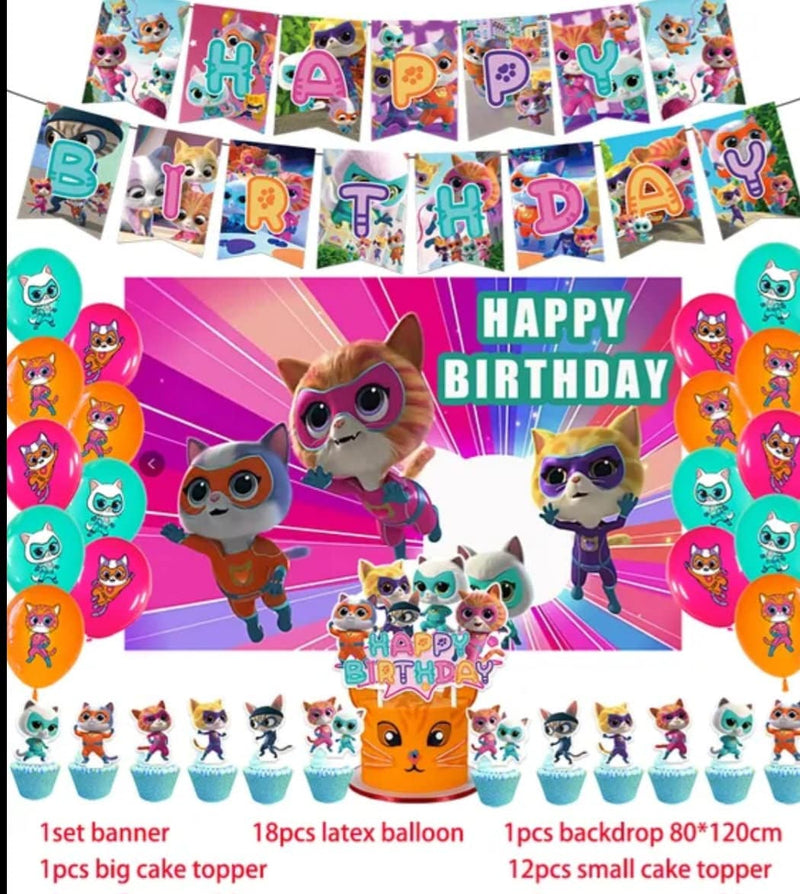 Super Kitties Party Supply Balloons Cake Topper Backdrop Tableware Plates Cups Napkins Pick your Bundle