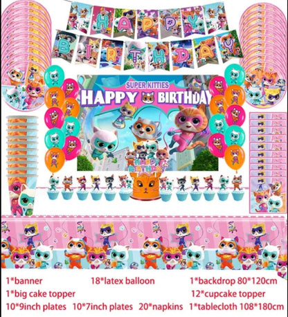 Super Kitties Party Supply Balloons Cake Topper Backdrop Tableware Plates Napkins