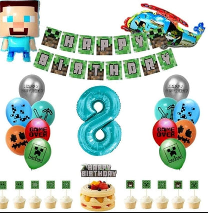 41 Pieces Minecraft Gaming Party Balloons with Age Number Balloon and Birthday Cake/Banner Decor Gamer Party Favors - Queen of the Castle Emporium