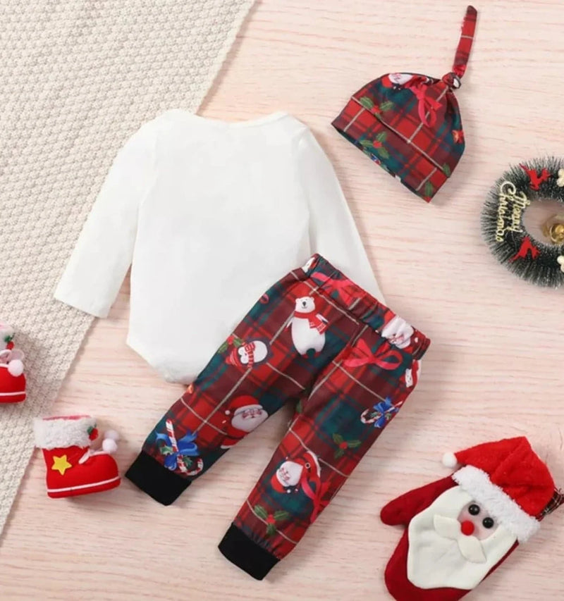 Newborn Infant Baby Boy Girl Three Piece My First Christmas Clothes Long Sleeve Romper and Trousers Hat