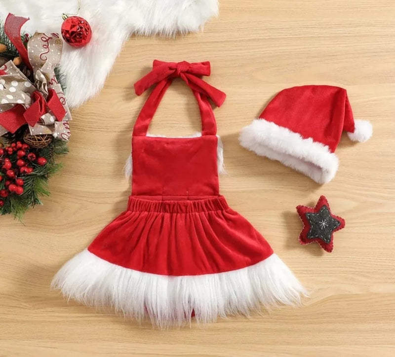 First Christmas Twins Triplets Baby Girls Christmas Romper Dress Sequins Plush Trim Patchwork Halter neck Sleeveless Lace Tutu Xmas Outfit